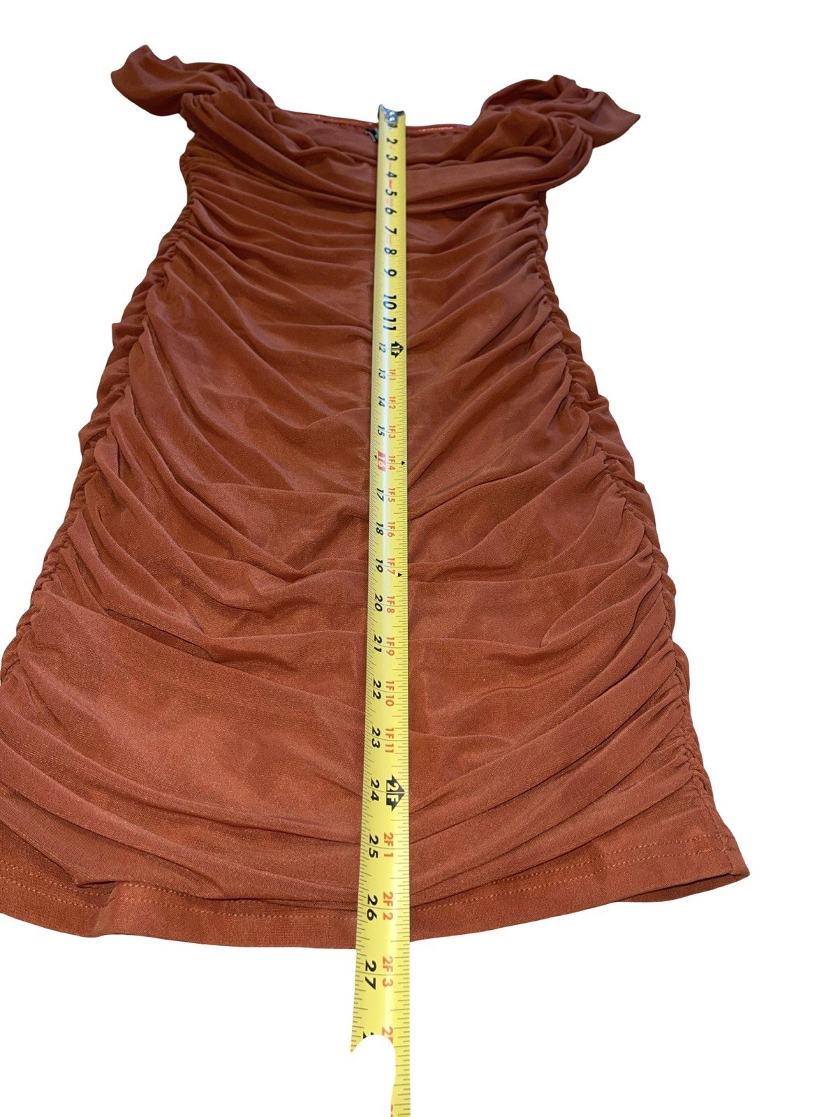 PrettyGarden Brown Ruched Off Shoulder Stretch Bodycon Mini Dress Party S
