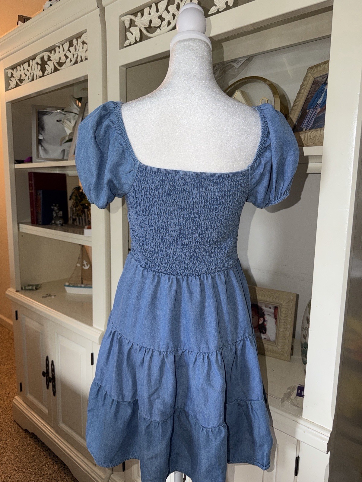 Harper & Ivy Blue Tencel Smocked Mini Dress Puff Sleeve Tiered Chambray Sm NWT