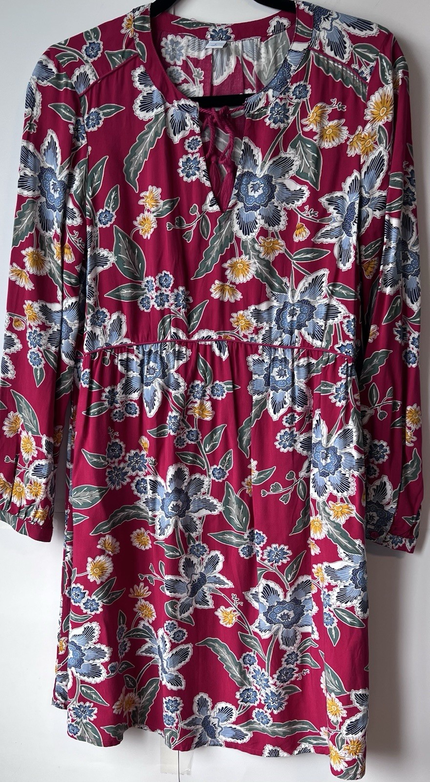 NWT Old Navy Womens Red Floral Long Sleeve Boho Tassel Tie Rayon Flowy Dress S
