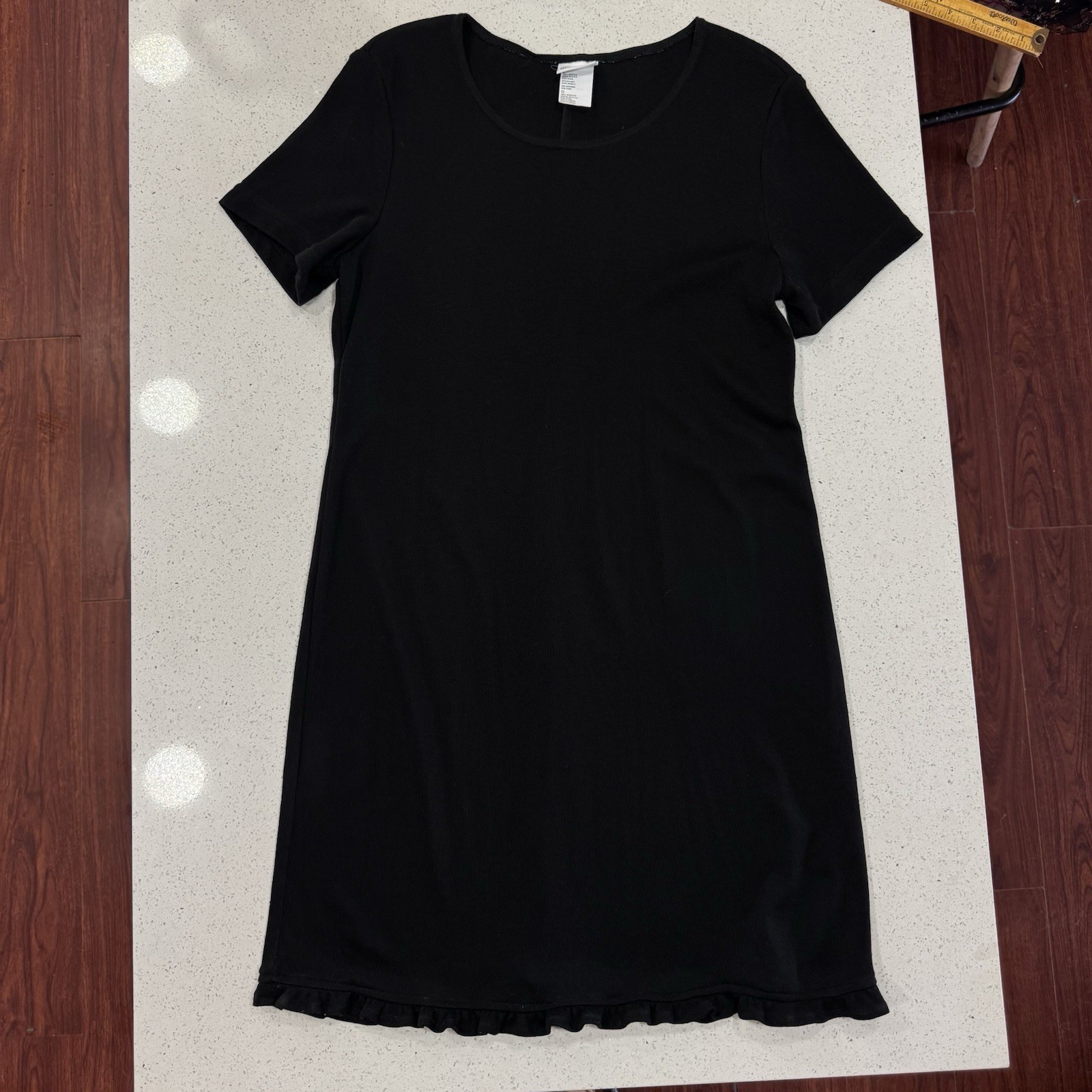 Y2K 90s Black T Shirt Dress Vtg Hollywood Blvd Midi Ruffle Hem USA Basic Large