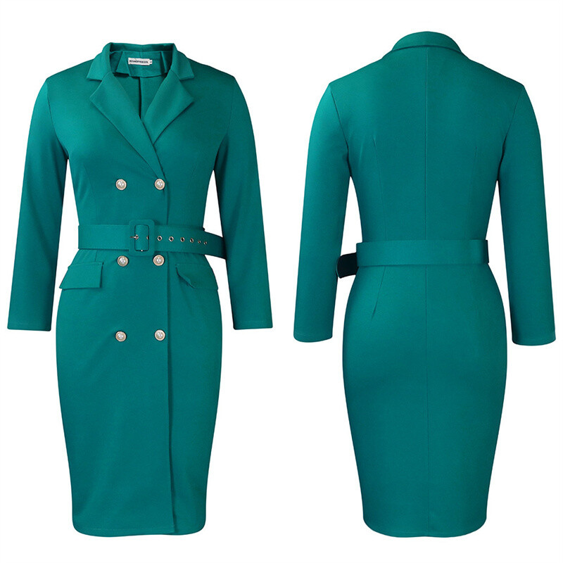 Solid Color Commute Ol Double Breasted Plus Size Suit Collar Temperament Dress