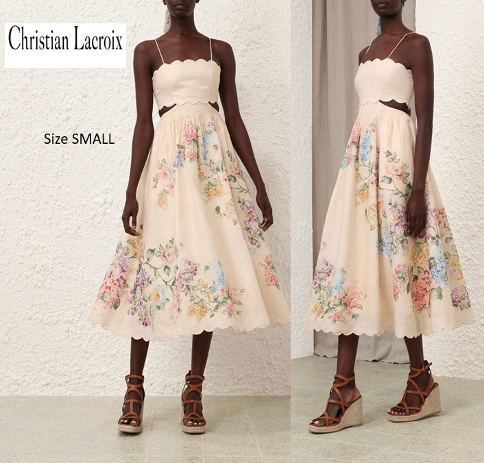 Christian Lacroix Peach Floral Multicolor Cut Out Back Scallop Midi Dress