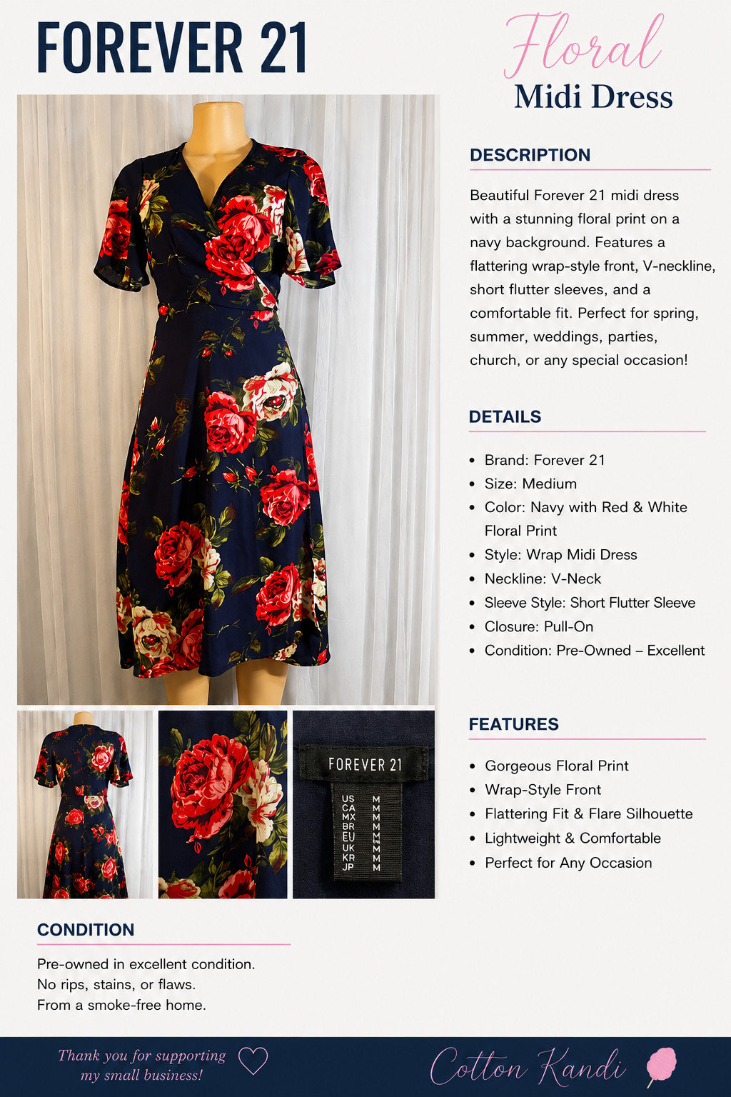 🌸Forever 21 🌸Women’s Medium Floral Wrap Dress Navy Pink Short Sleeve Tie Waist