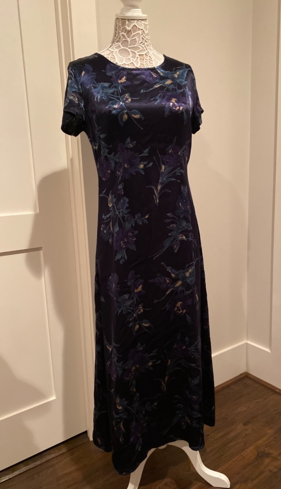 Laura Ashley SATIN MAXI DRESS Navy Blue Floral Wool/Viscose Blend! All Seasons 8