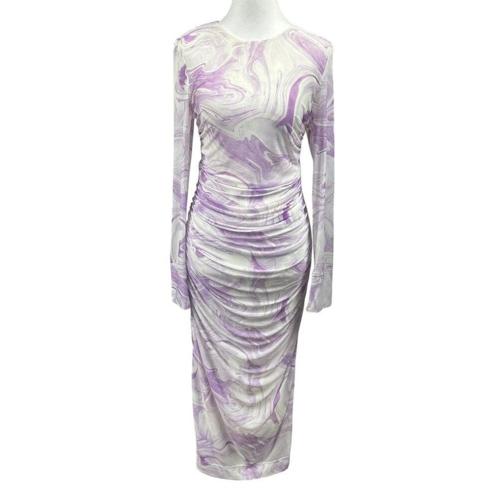 Ganni Marble-Print Mesh Rushed Midi Dress Sz EU 42 Purple