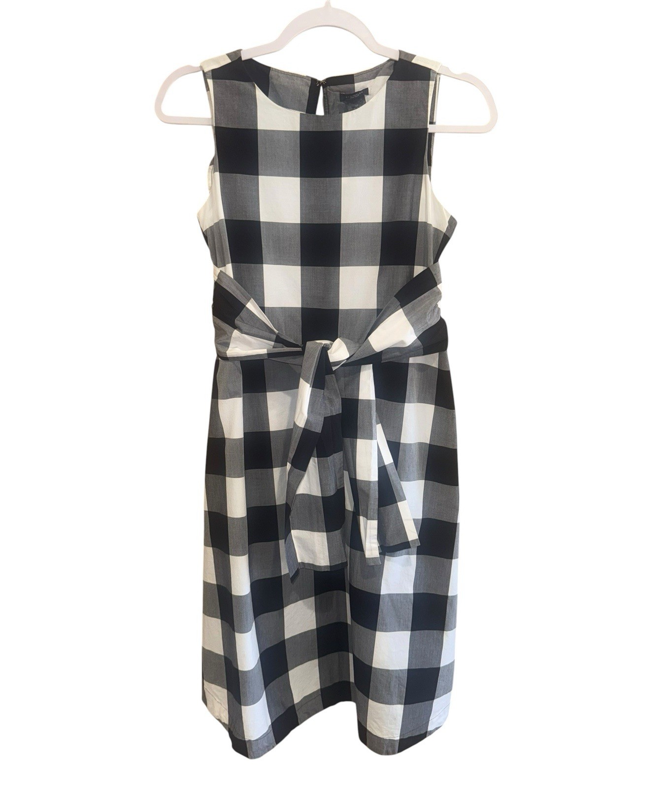 Ann Taylor Black White Gingham Plaid Tie Waist Midi Sleeveless Dress Cotton XS