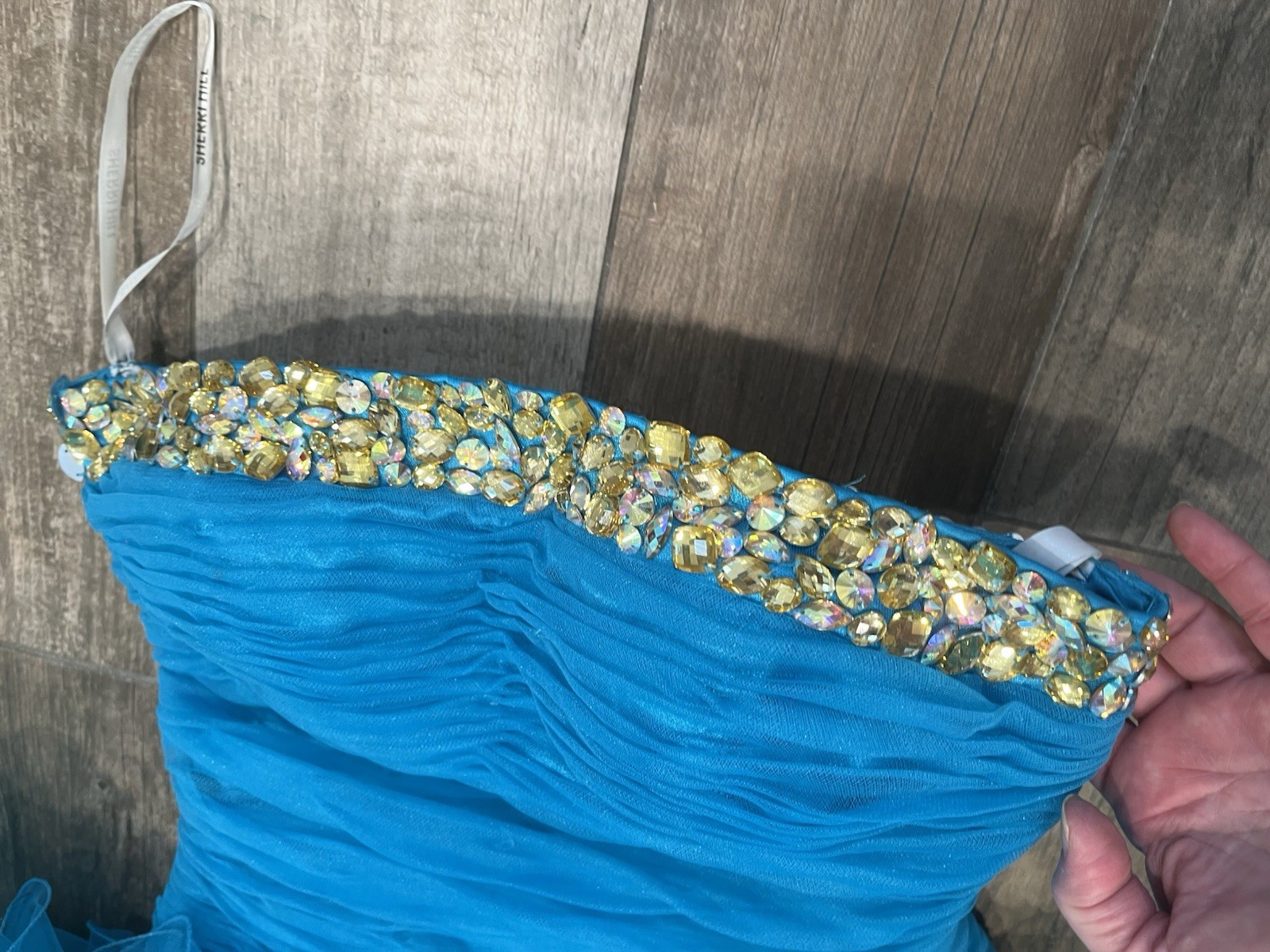 sherri hill 2326 Turquoise size 2 cocktail dress bow Rhinestone Flounce Ruffle