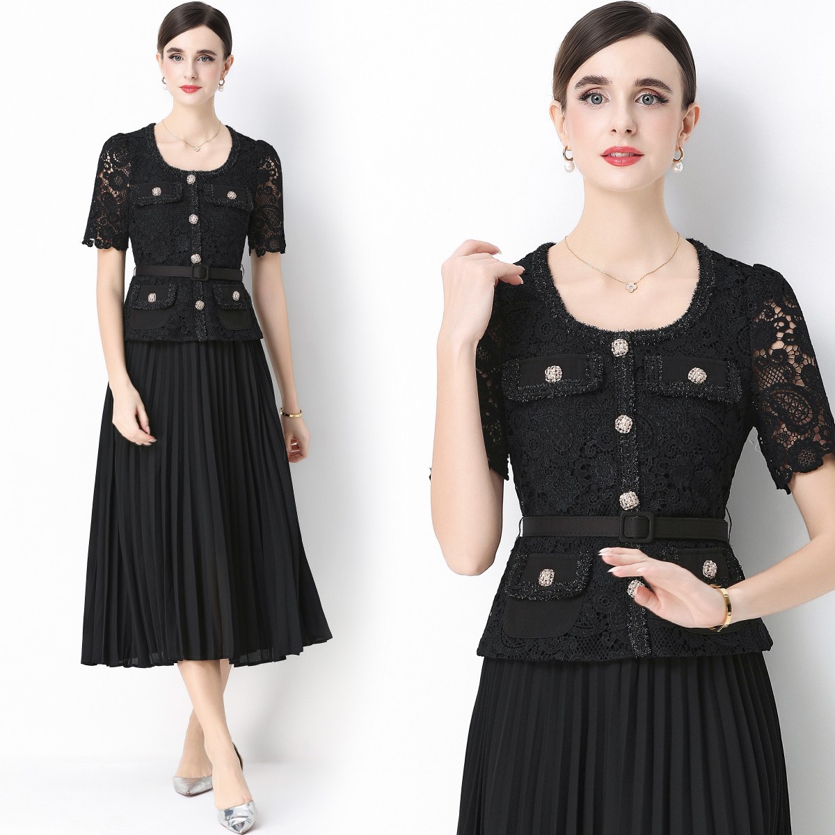Fake 2pcs Floral Embroideried Chiffon Patchwork Belt Hollow Out Women Lace Dress