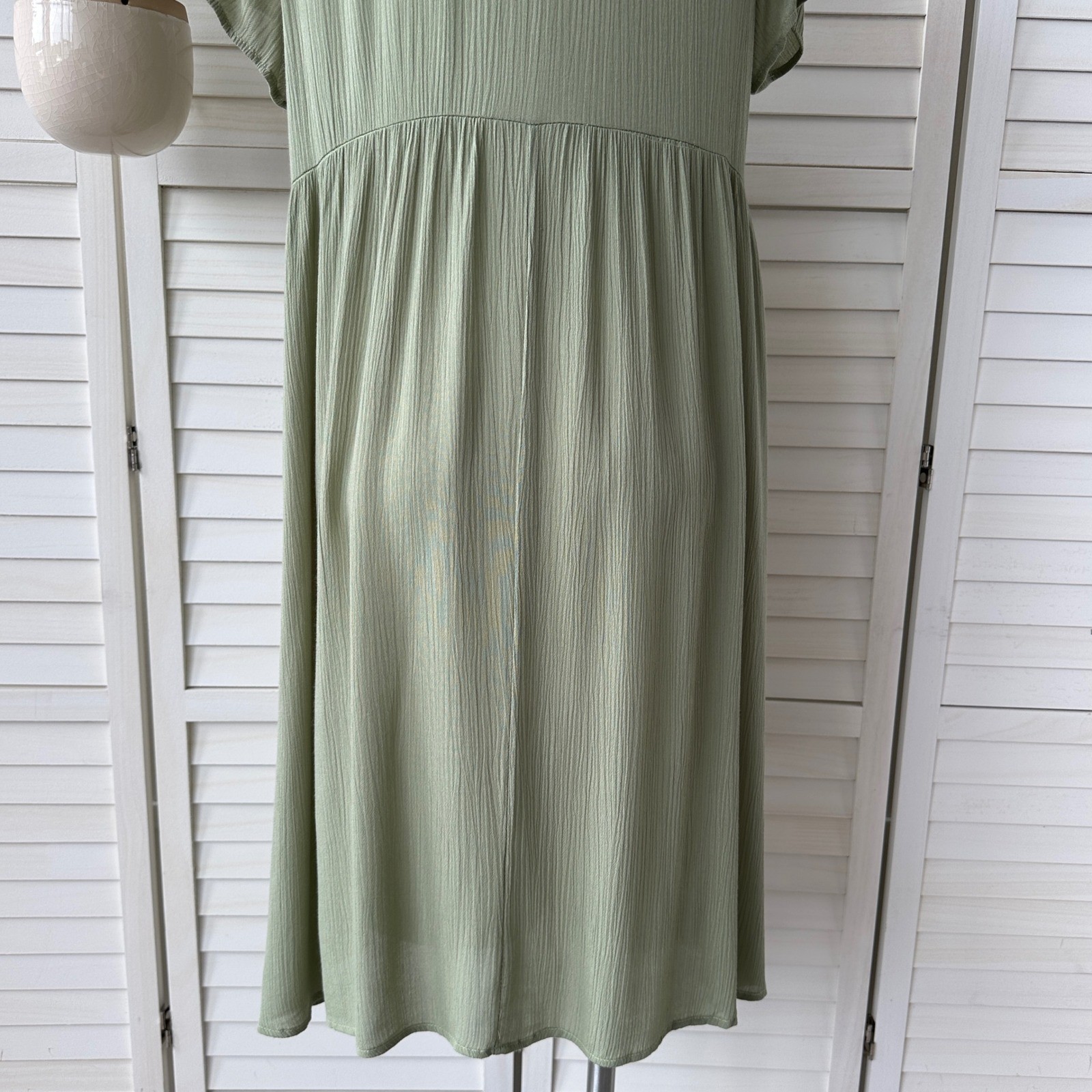 New Stevie Hender Green Crinkle V Neck Dress Short Sleeve Cottagecore Size L