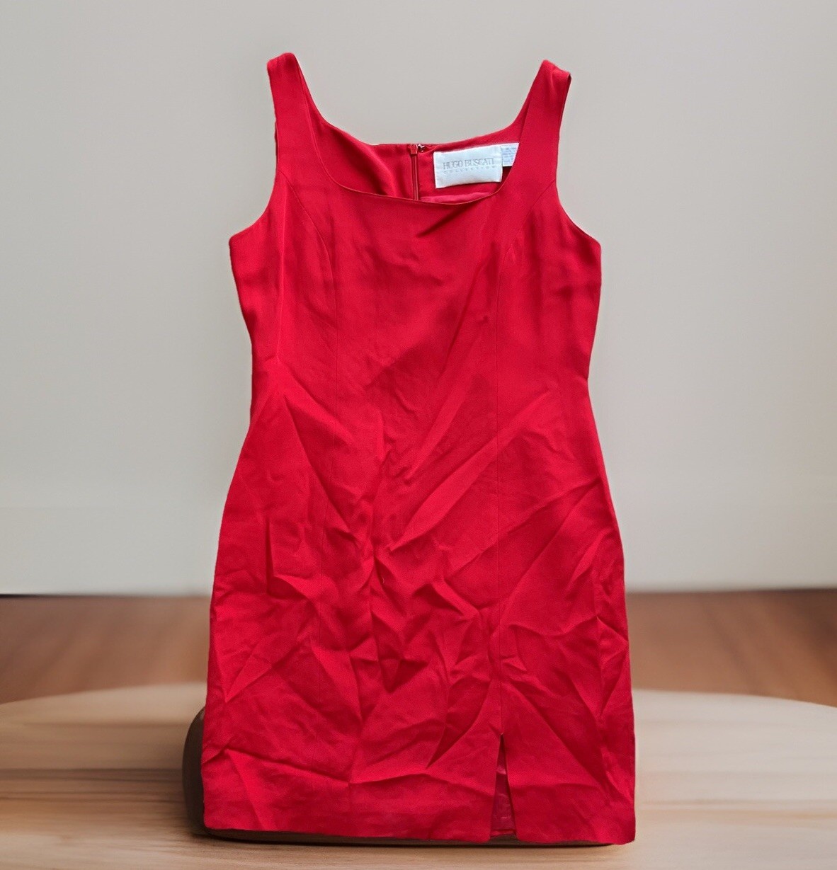 HUGO BUSCATI 100% Silk Red Sheath Lined Slit Dress Office Career Women’s Sz 8