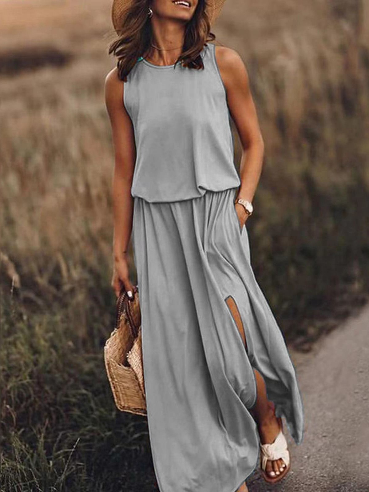 Sleeveless Lantern Split Long Dress Round Neck Modal Blend Solid