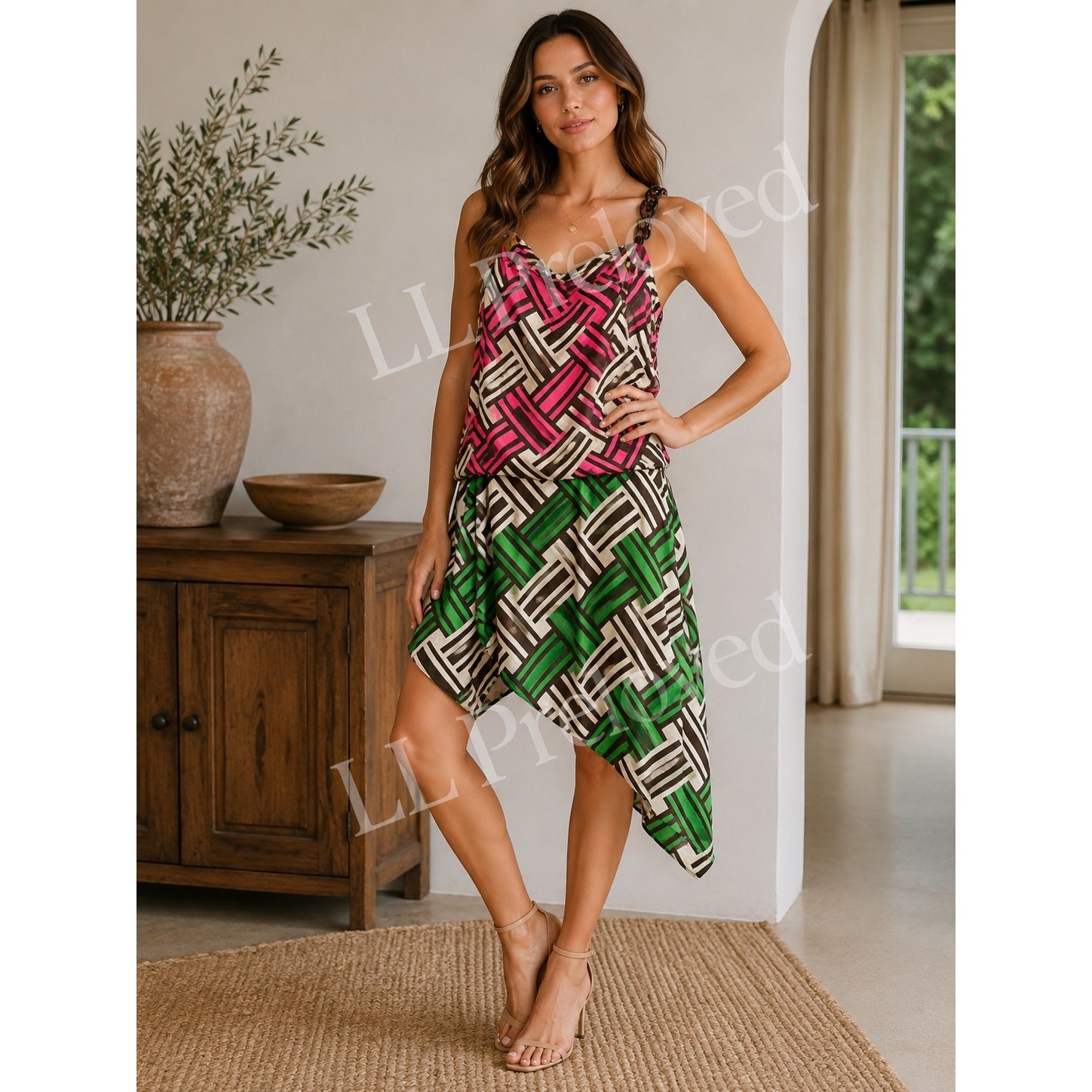 Milly of New York Silk Geometric Chain Strap Dress Womens Size 12