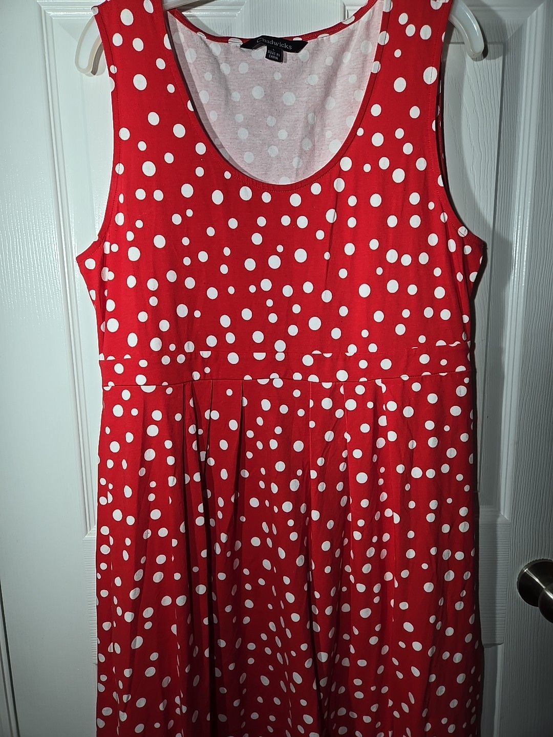 Chadwick Scarlet Red Polka Dot Print Cotton A-Line Maxi Dress Sz L, 54″ Length