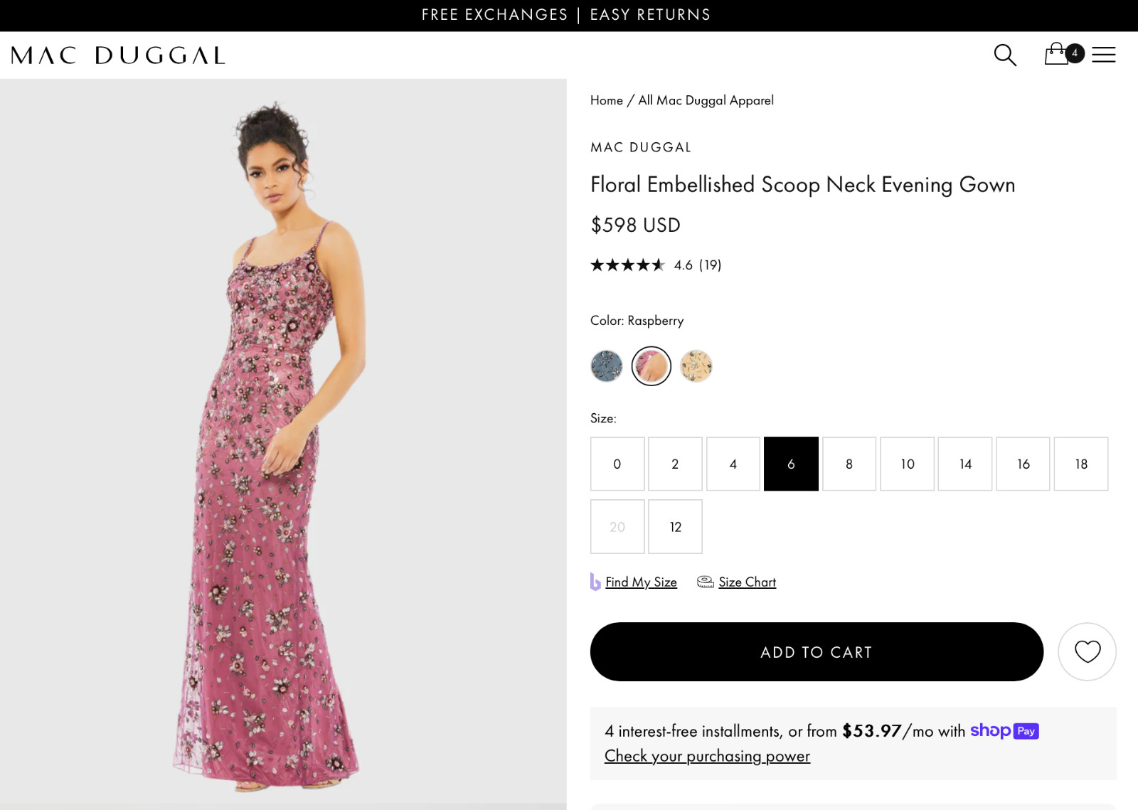 NWT Mac Duggal [ 6 ] 5477 Floral Embellished Scoop Neck Gown in Raspberry G1840