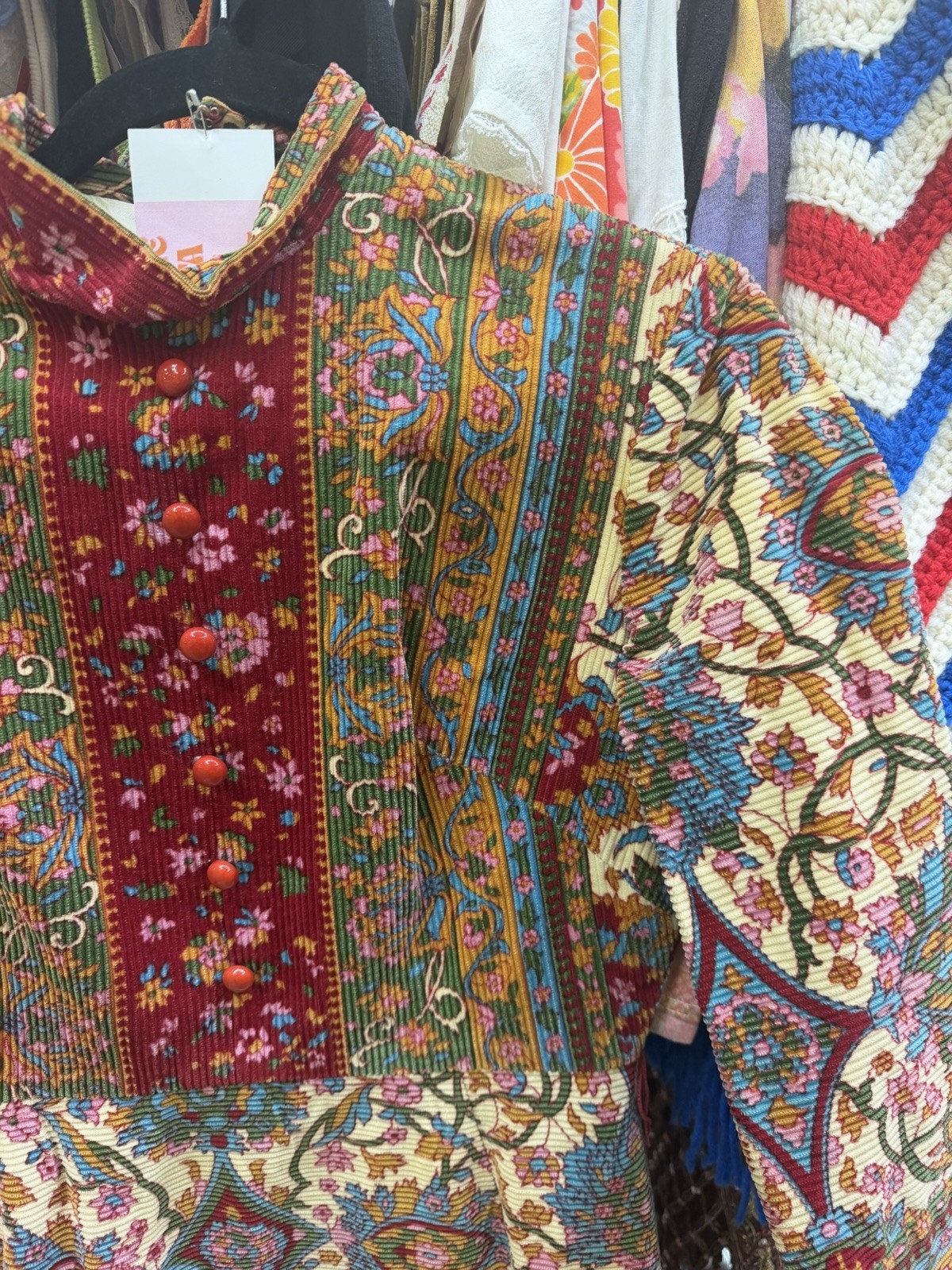 Vintage Women’s Multicolor Floral Overall Dress S/M Knee Length High Neck