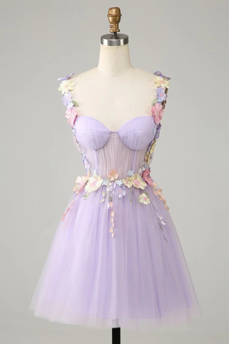 Lavender tulle Spaghetti Strap Flower Lace Up Dress