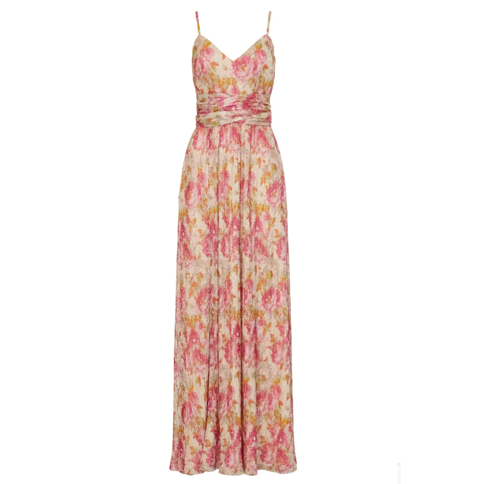Dress the Population Floral Pleated Maxi Dress XS Metallic Plisse Slip Gown $268