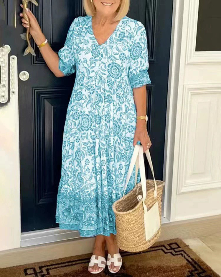 Ladies’ casual temperament commuting long floral tie dye printed dress NEW++-@@