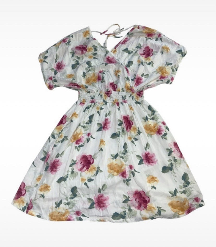 Women’s Floral Smocked Waist V-Neck Short Sleeve Fit & Flare Dress M