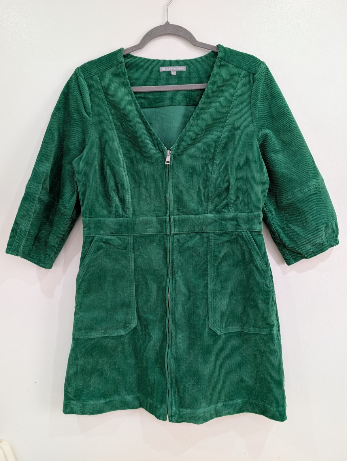 Oliver Bonas Green Corduroy V-Neck Mini Dress UK Size 10