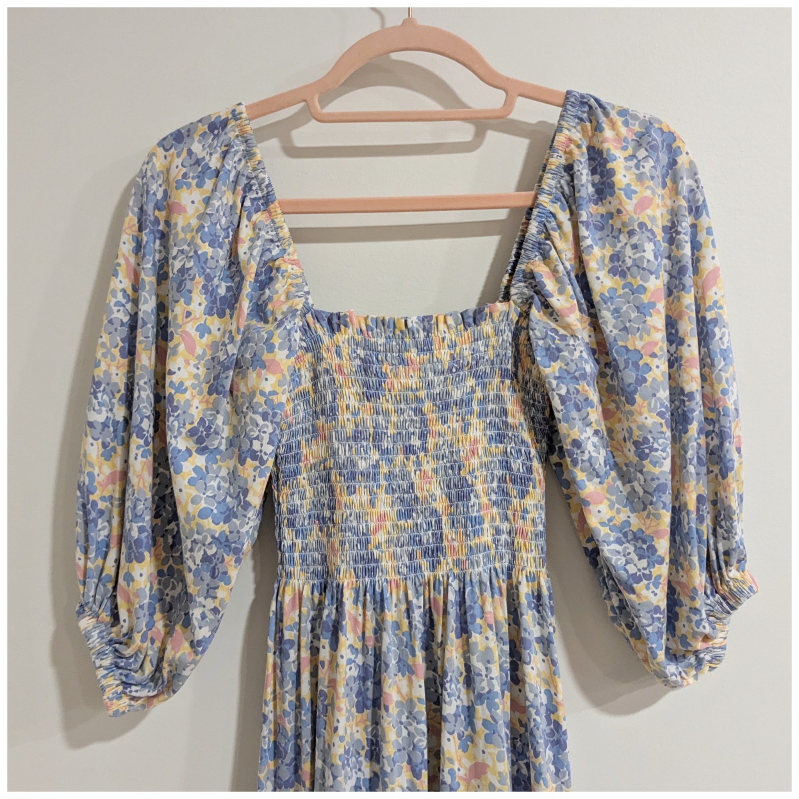 Polo Ralph Lauren Floral Shirred Cotton-Blend Midi Dress Blue Yellow Womens XXS
