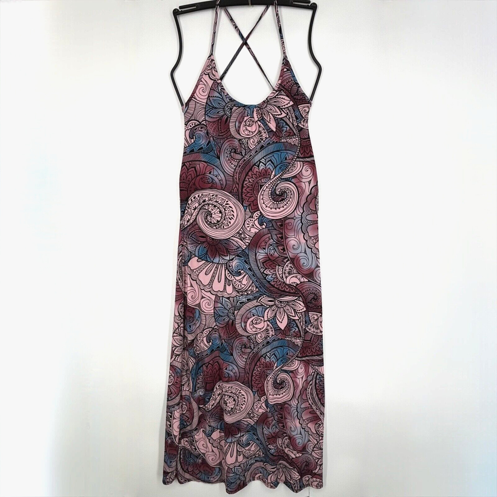 Madrag Womens Medium Vintage Maxi Dress Purple Blue Paisley Floral Knit Strappy