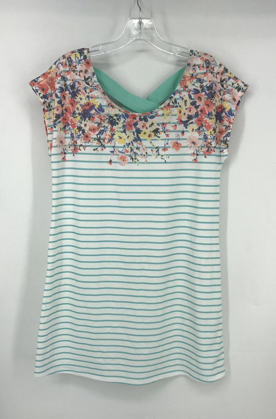 12PM by Mon Ami Floral Stripe Shift Dress S White Aqua Blue Criss Cross Back EUC