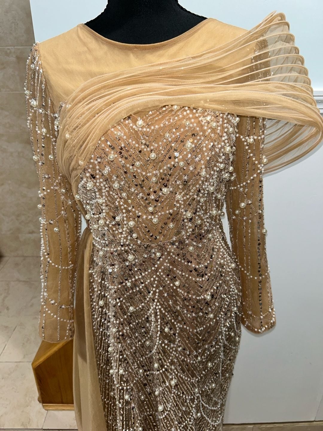 Champagne Long Sleeve Evening Gown with Pearl and Sequin Beading