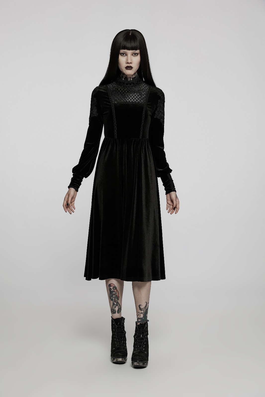 Punk Rave Black Velvet High Neck Corporate Goth Sheath Pencil Midi Dress