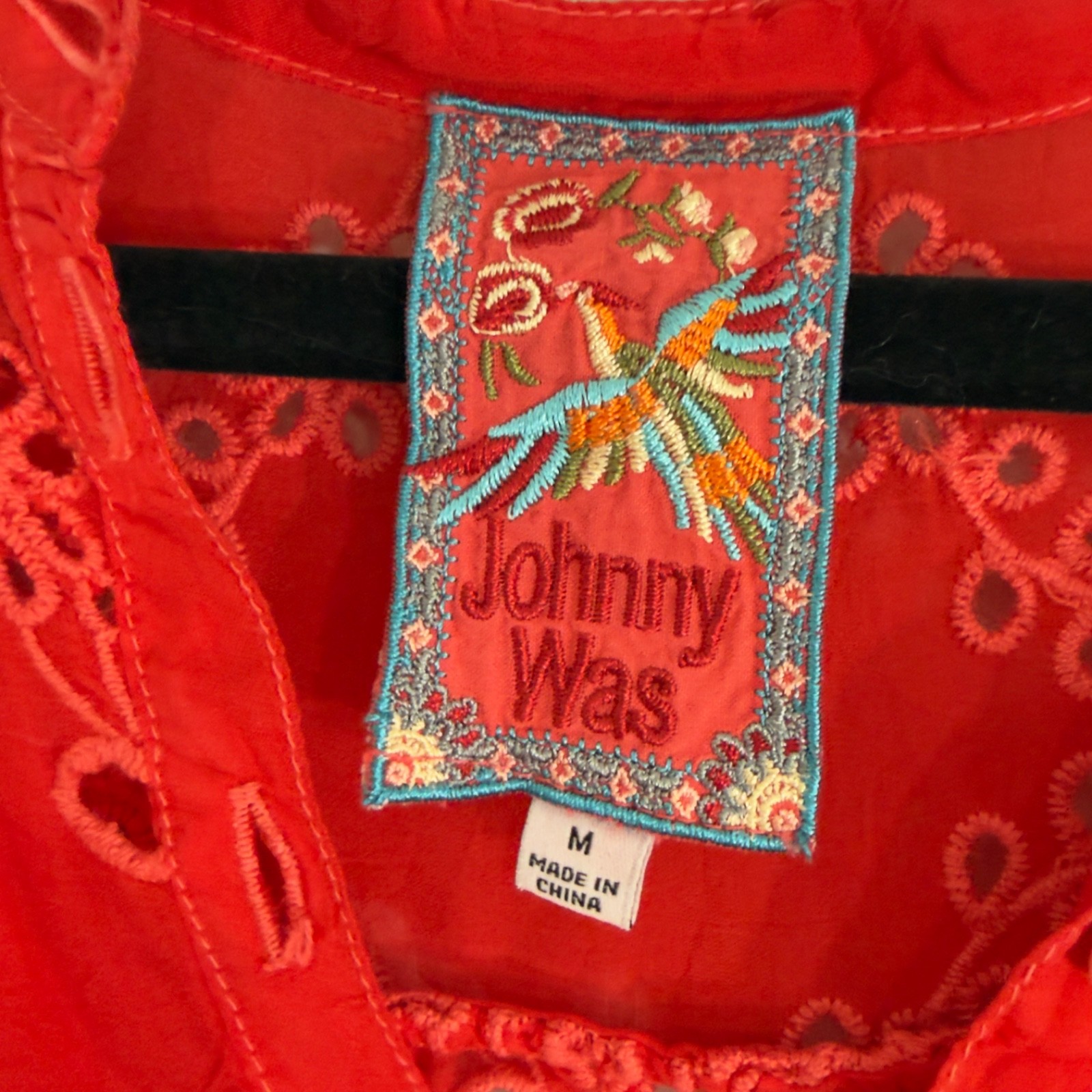 Johnny Was Rhodes Sleeveless Shift Dress Scarlet Red Embroidered Eyelet Accent M