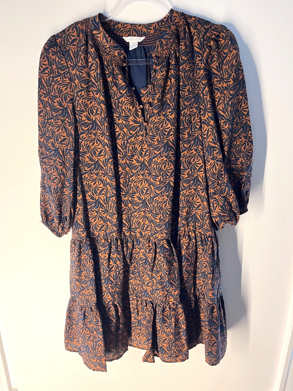 Caslon dress, bronze blue botanical pattern, knee length, elbow sleeve, size M
