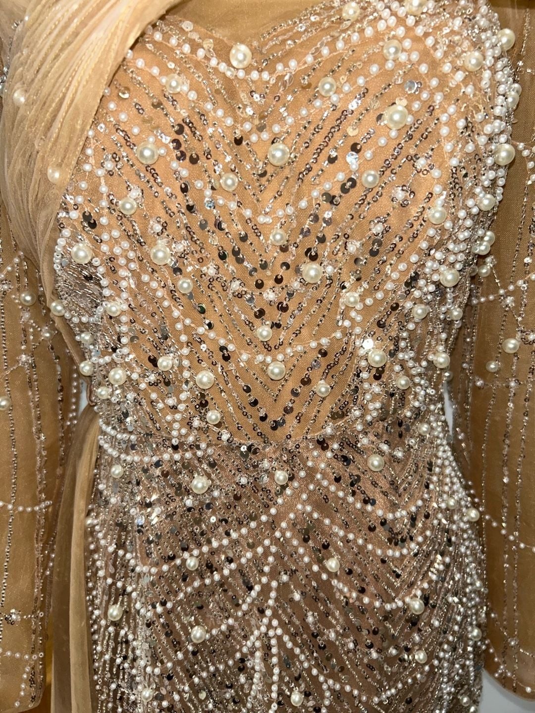 Champagne Long Sleeve Evening Gown with Pearl and Sequin Beading