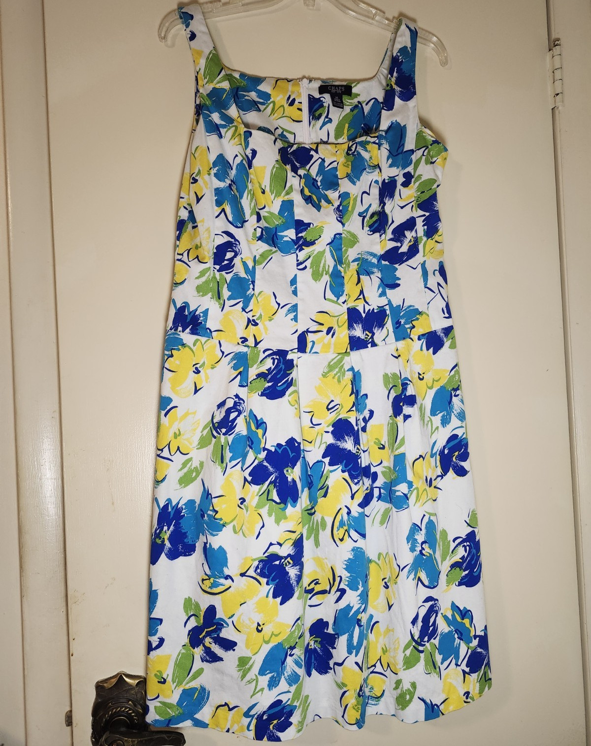 Chaps White Blue Yellow Green Floral Shift Dress 14 Square Neck Strappy Zip
