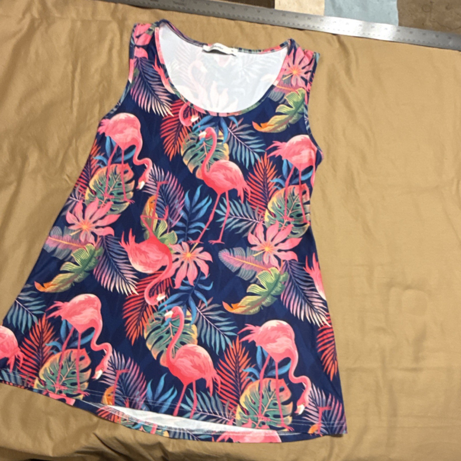 Sakurafina Flamingo Print Sleeveless Tank Top Knit Stretch M Pink Blue Green