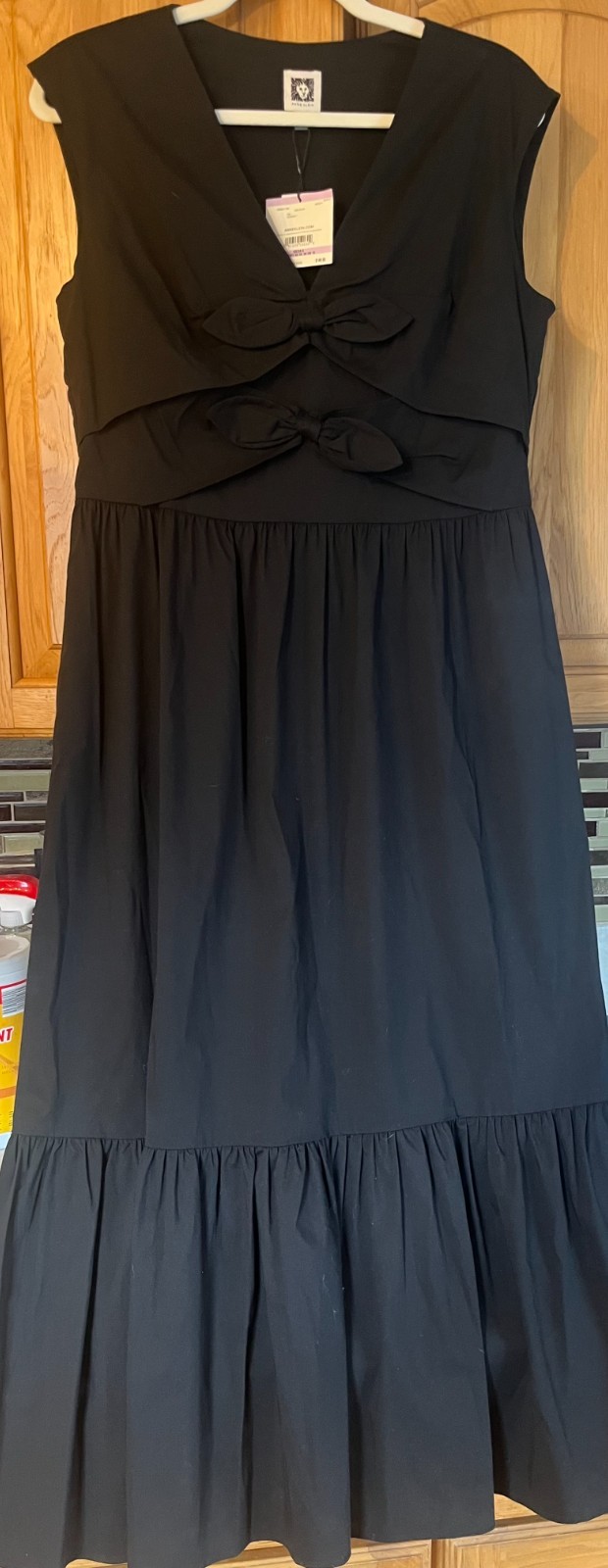 Anne Klein Black Bow Front Tiered Bottom Sleeveless NWT Midi Dress Size 6