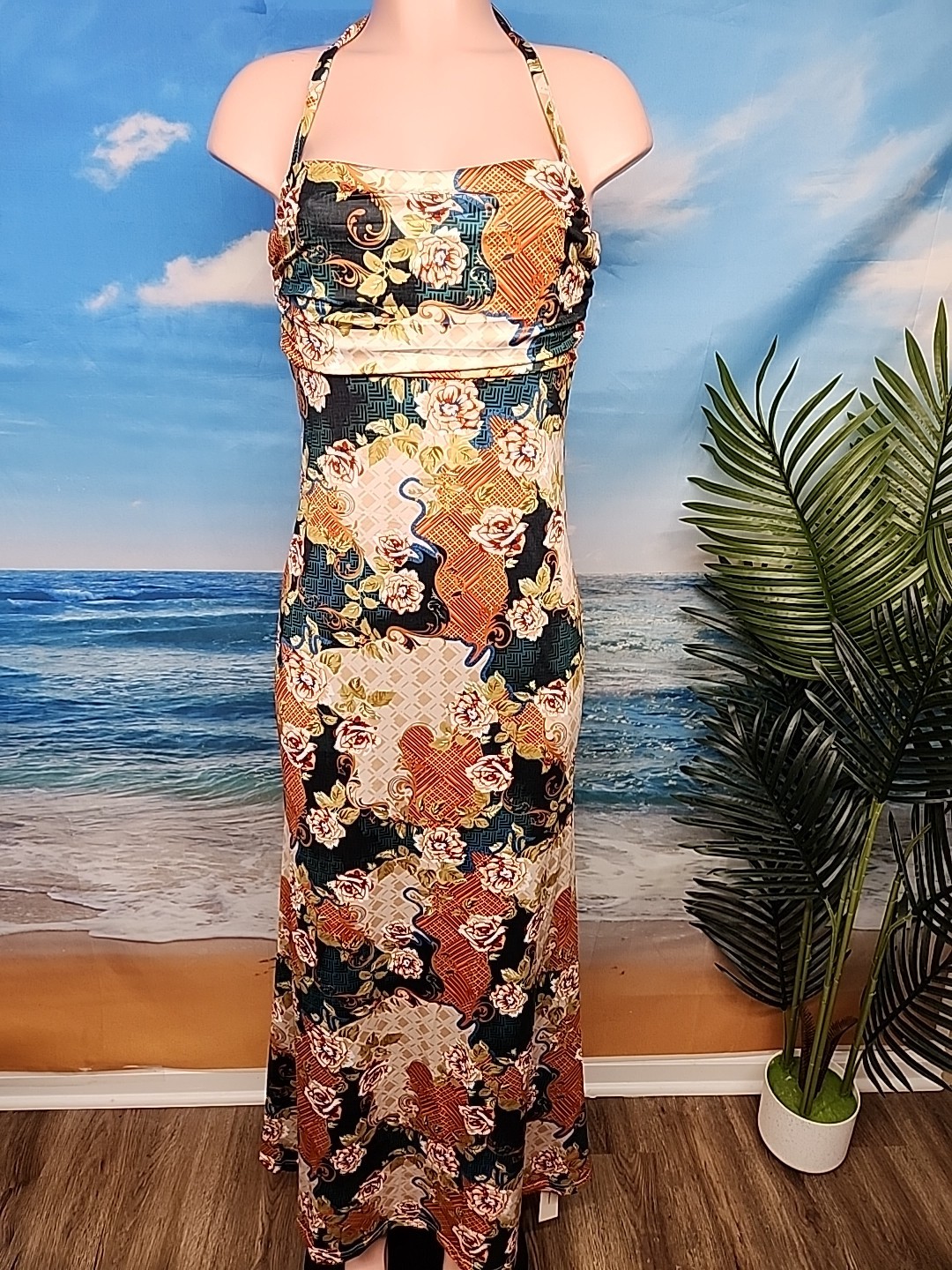 Nwt Commense Ceeam Orange Green Floral Geometric Dress Sleeveless Large Halter