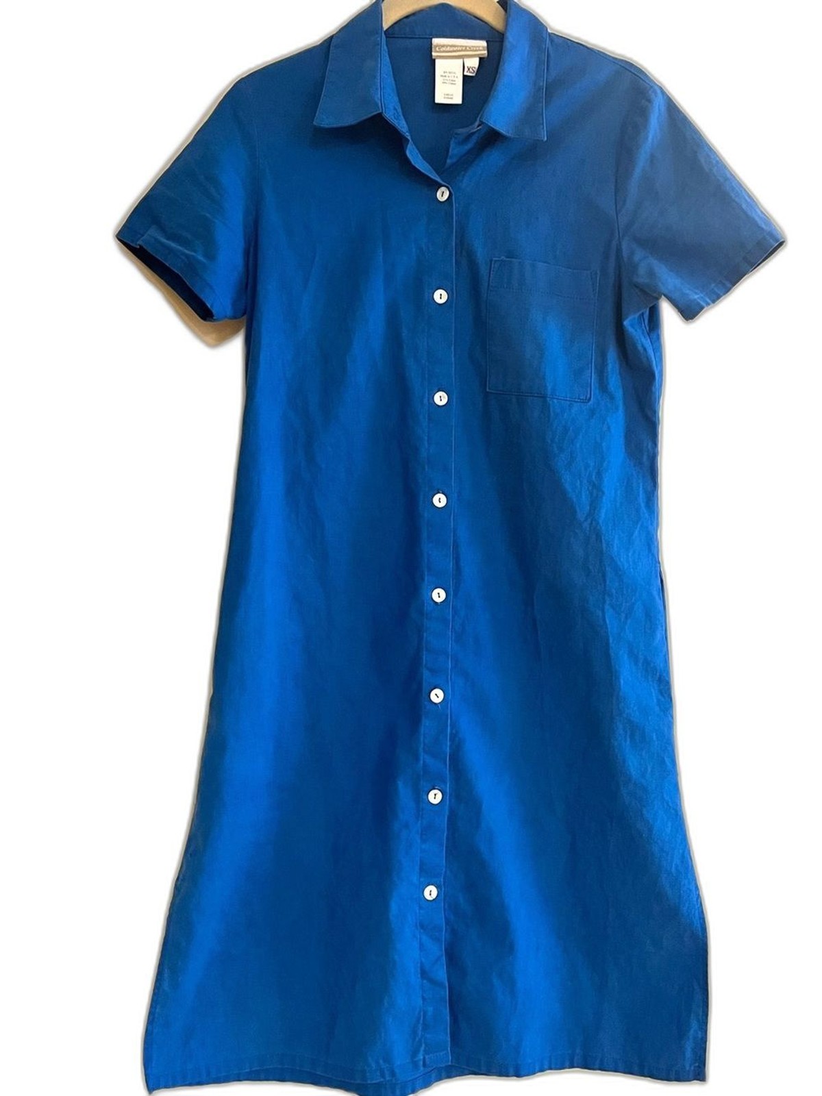 Coldwater Creek Shirt Dress XS Linen Cotton Blend Blue Shell Buttons Pockets