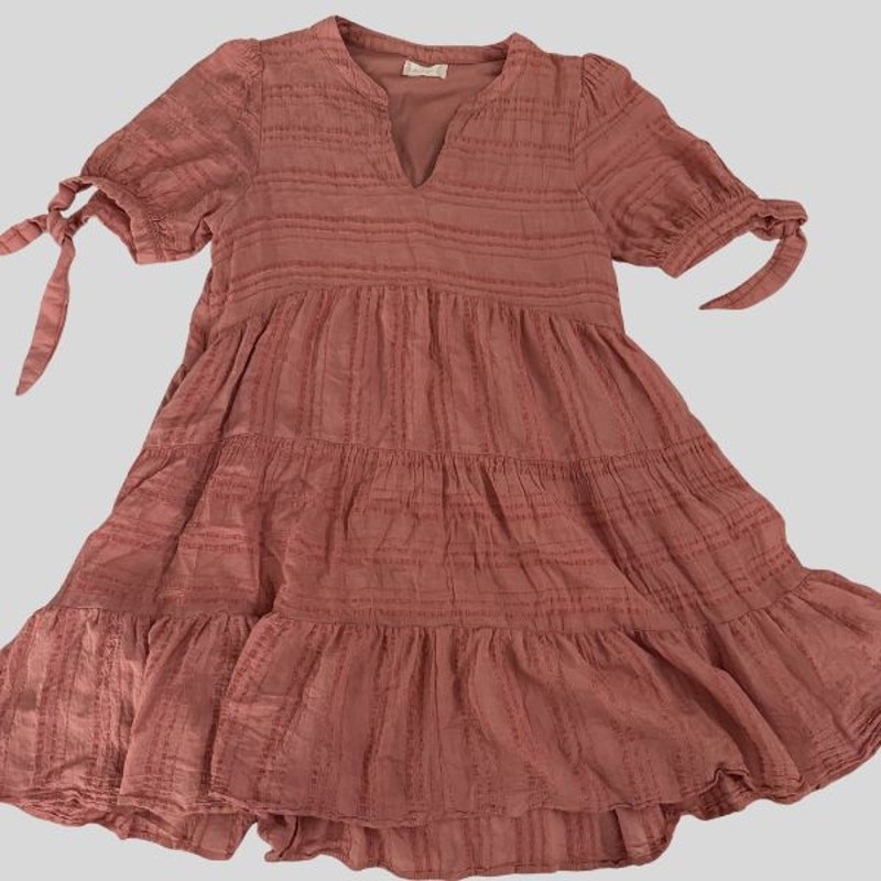 Altar’d State Pink Tiered Babydoll Dress Tie Sleeves Pockets Size S
