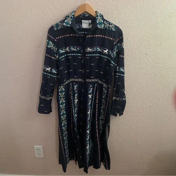 Finley Jeanette Taos in Navy Blue Western Horse Embroidered Shirt Dress XS