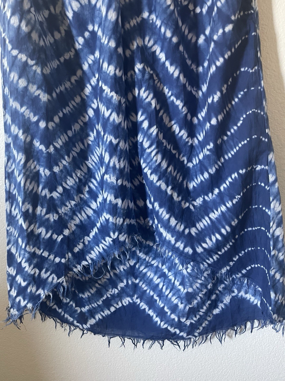 Blue Island One Size Blue/White Tie Dye Midi Sundress Smocked Beaded Fringe