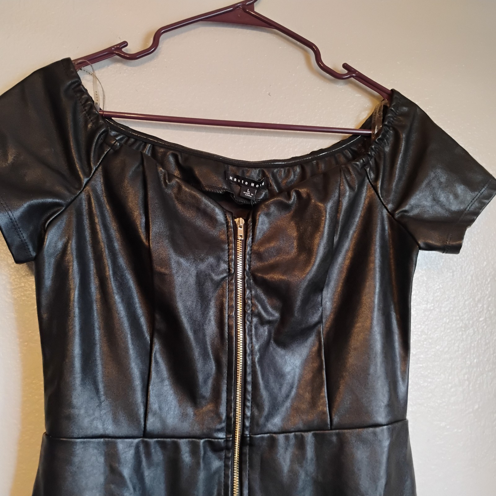 Haute Monde Black Faux Leather Zip Front Bodycon Midi Dress Size L NWT
