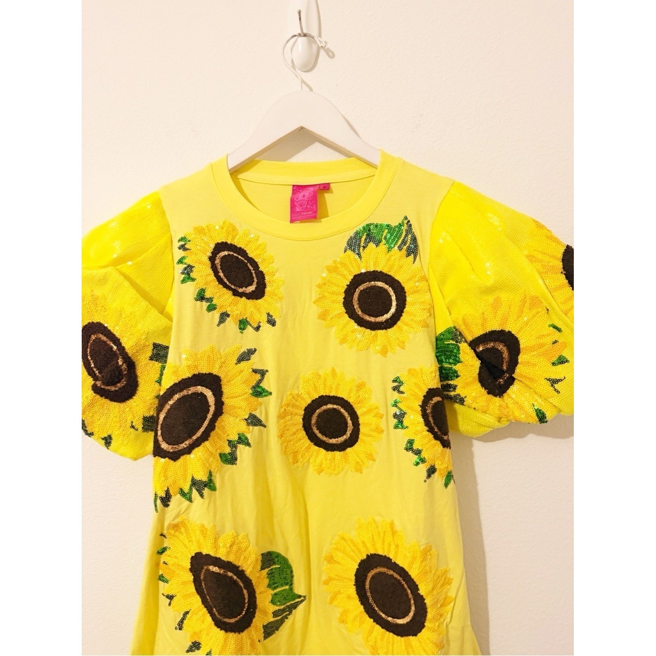 NEW Queen of Sparkles Sunflower Sequin Dress Puff Sleeve Yellow XS *