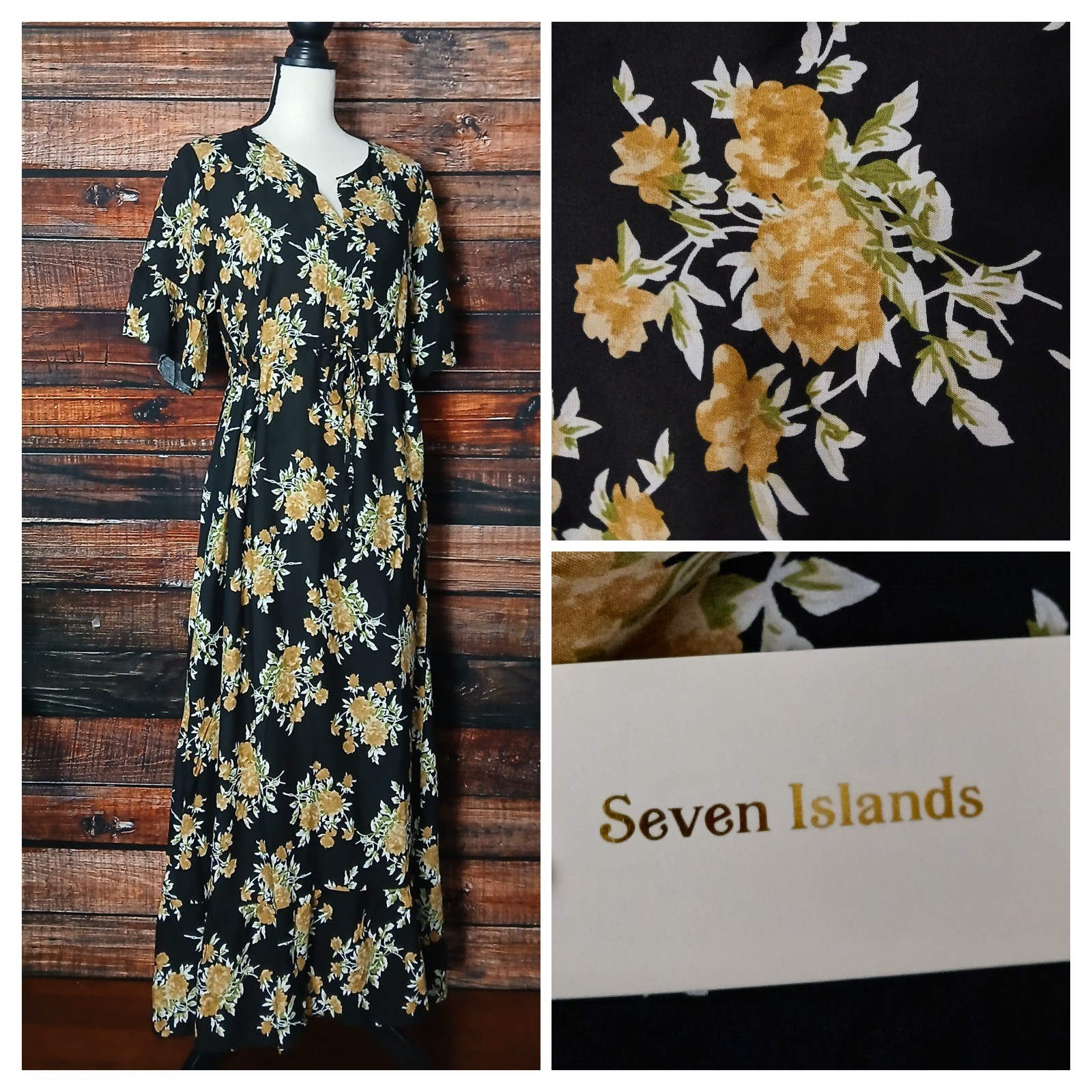 Seven Islands Maxi Dress M Oversized Black Floral Rayon Drawstring Waist NWT