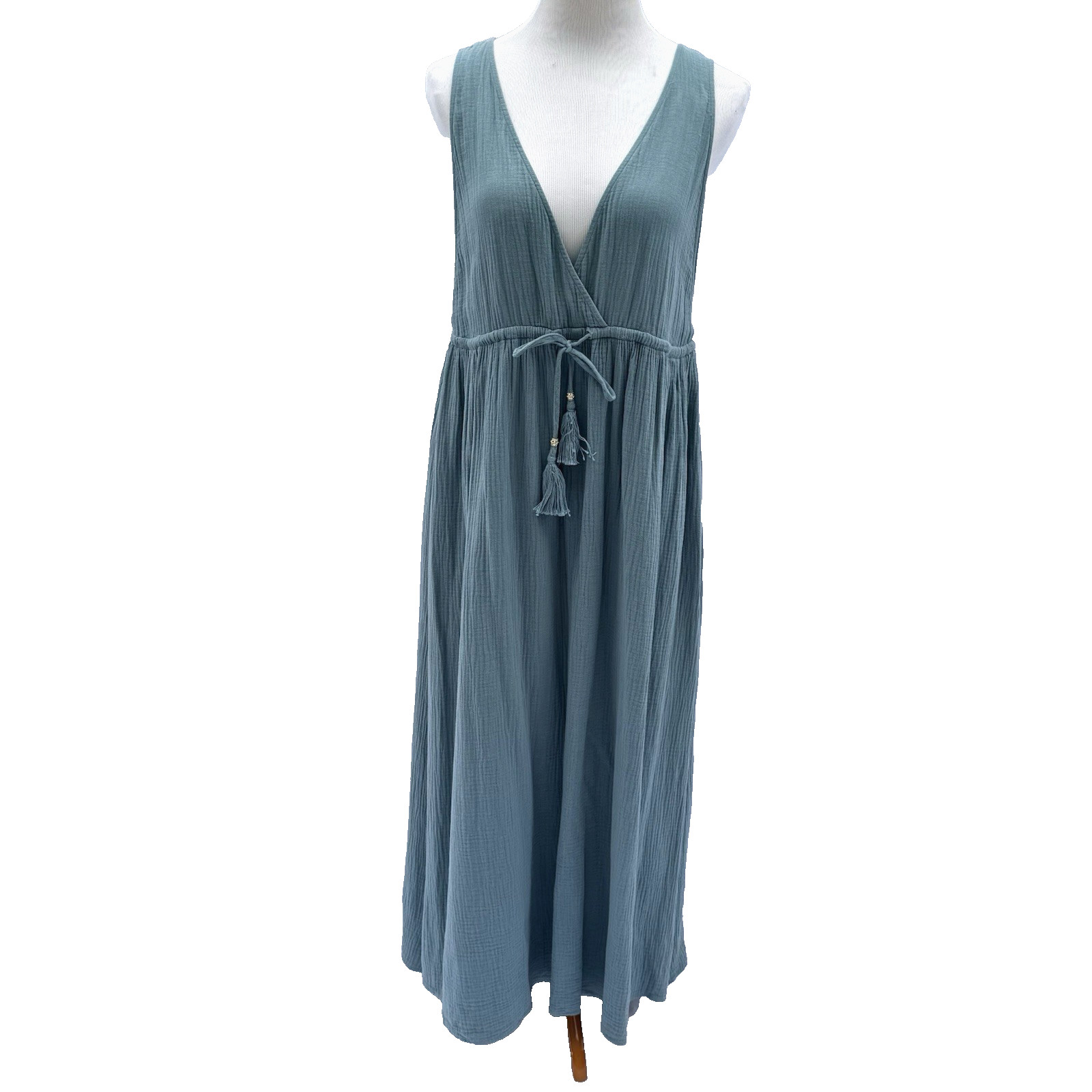 Bird & Knoll Maxi Dress M Teal Halter Plunge Gauzy Coastal Beach Cover Up Tassel
