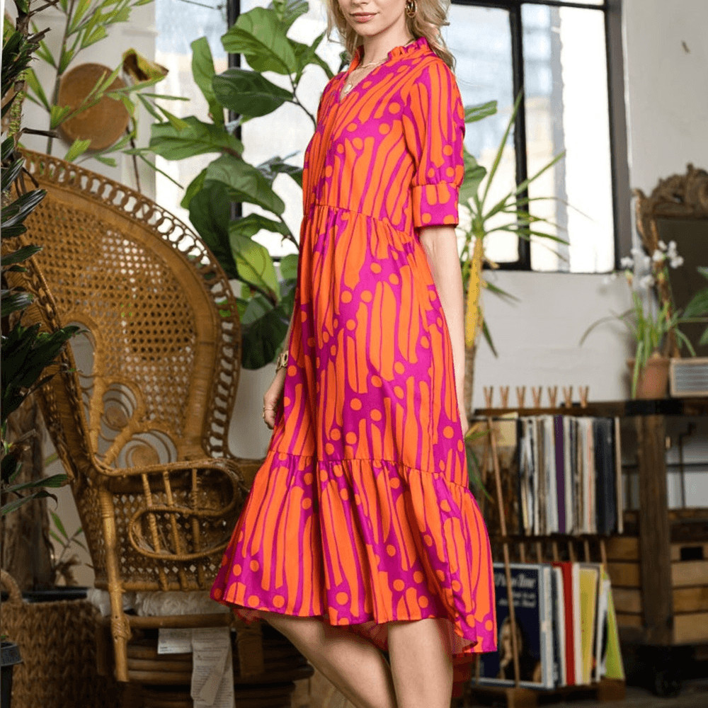Collection by Cezele Orange & Purple Marmalade Dye Print Casual Long Midi Dress