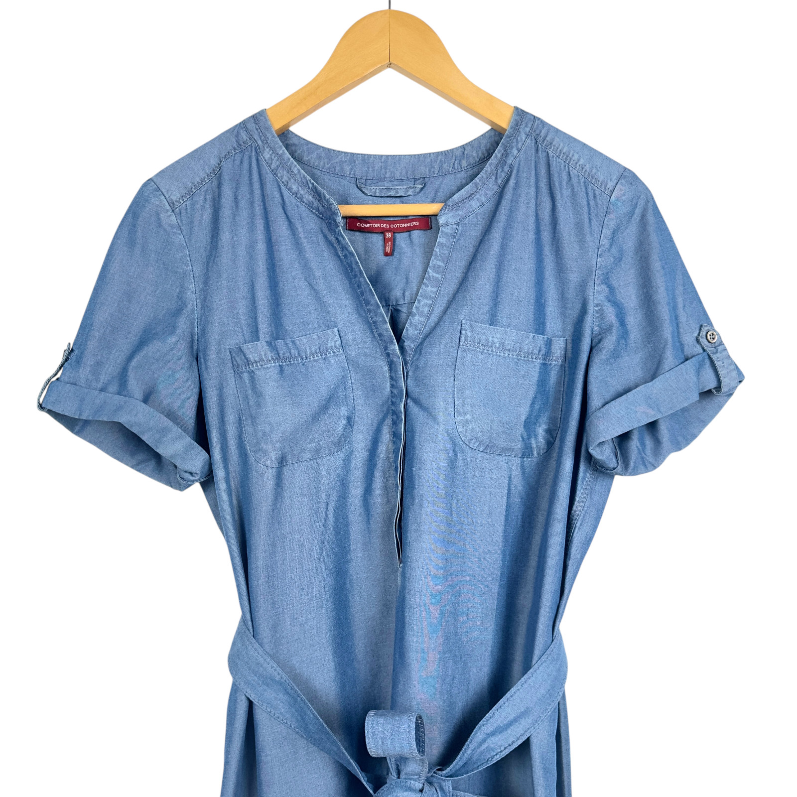 Comptoir des Cotonniers Lyocell Chambray Dress 38 S Blue Belted Minimalist