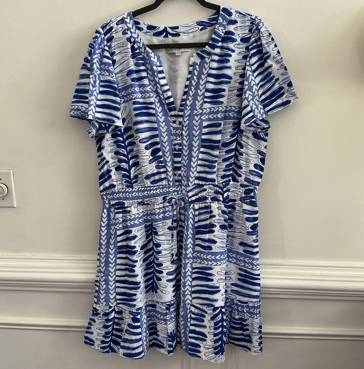 LOFT XXL Blue & White Floral V-Neck Button Drawstring Knee Length Dress