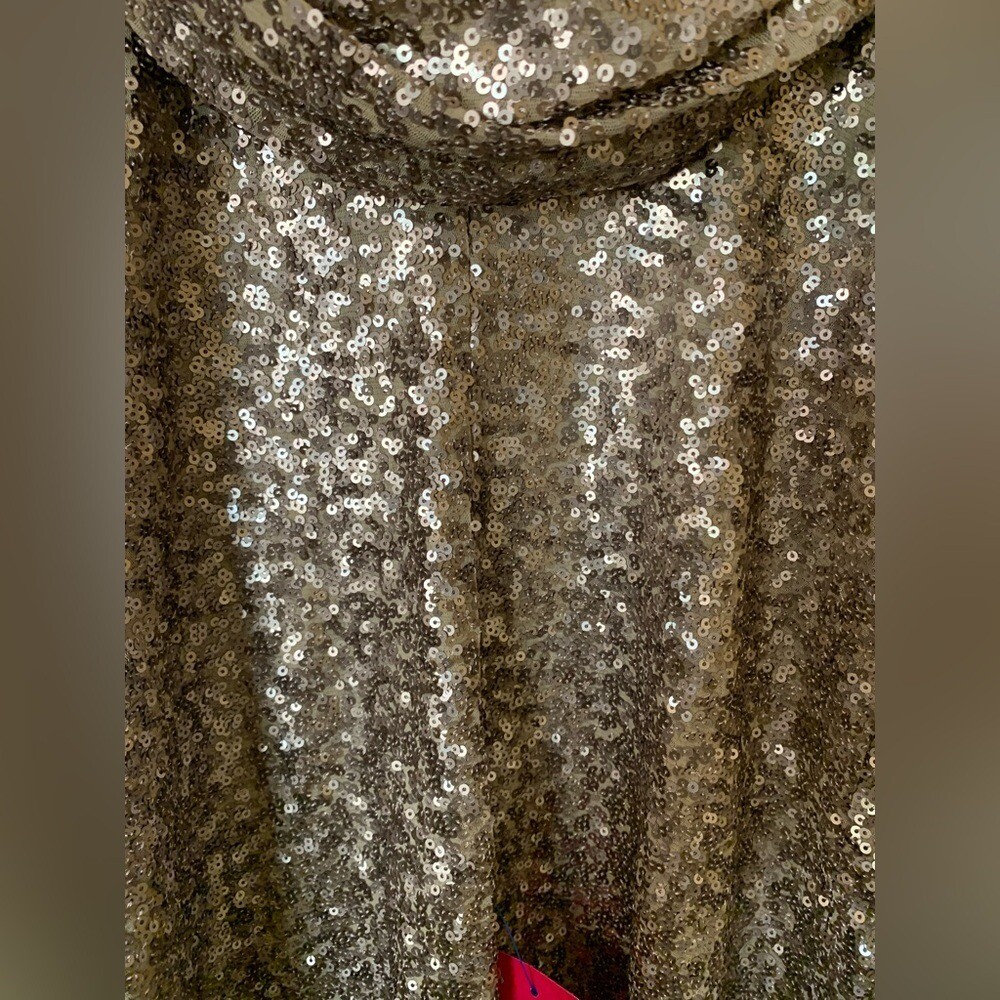 Badgley Mischka Gold Sequin Cuffed Sleeve Sheath Dress Sz L Formal Cocktail Gala
