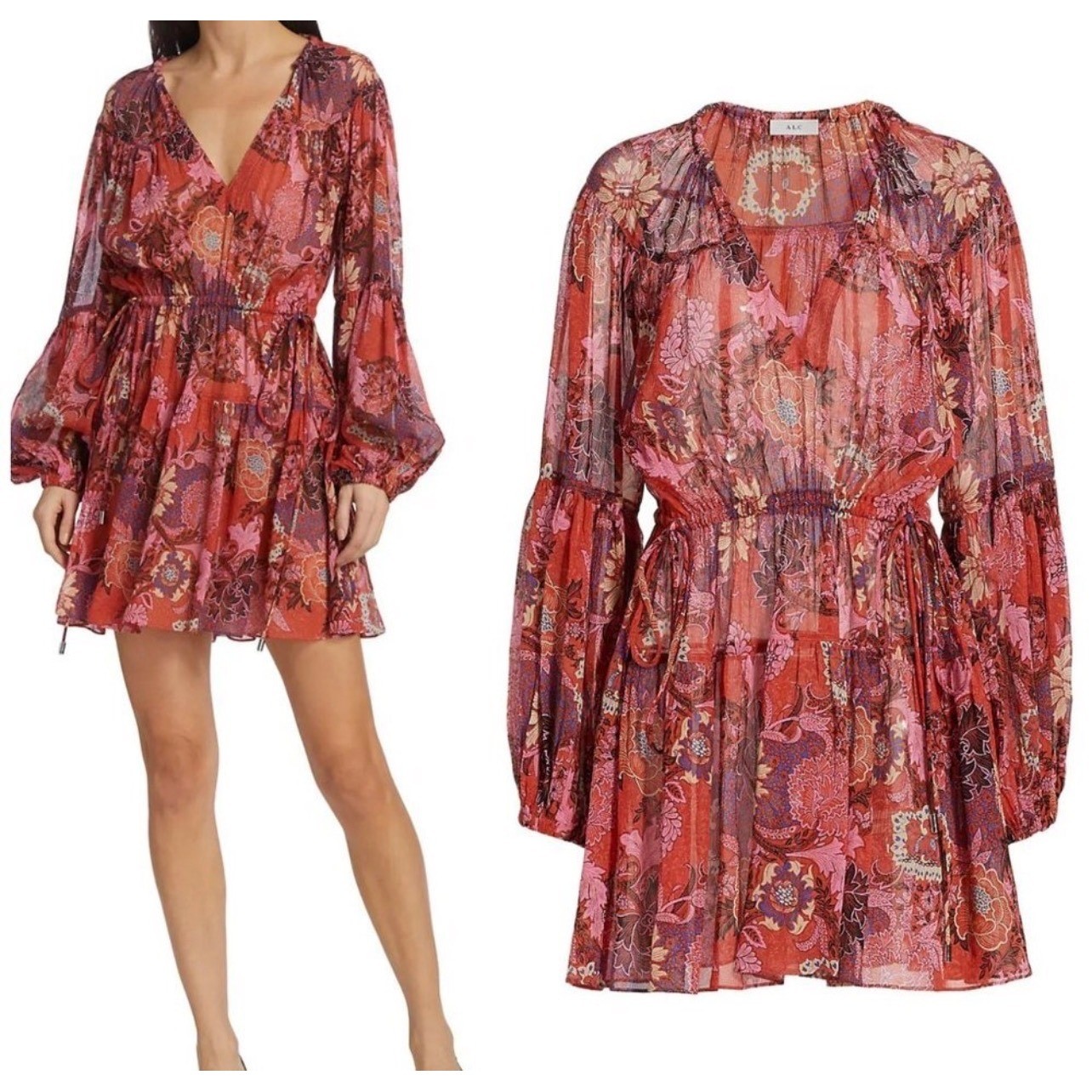 A.L.C Silk Floral Mini Dress Long Sleeve Tiered Red Size 2 Valentines Resortwear