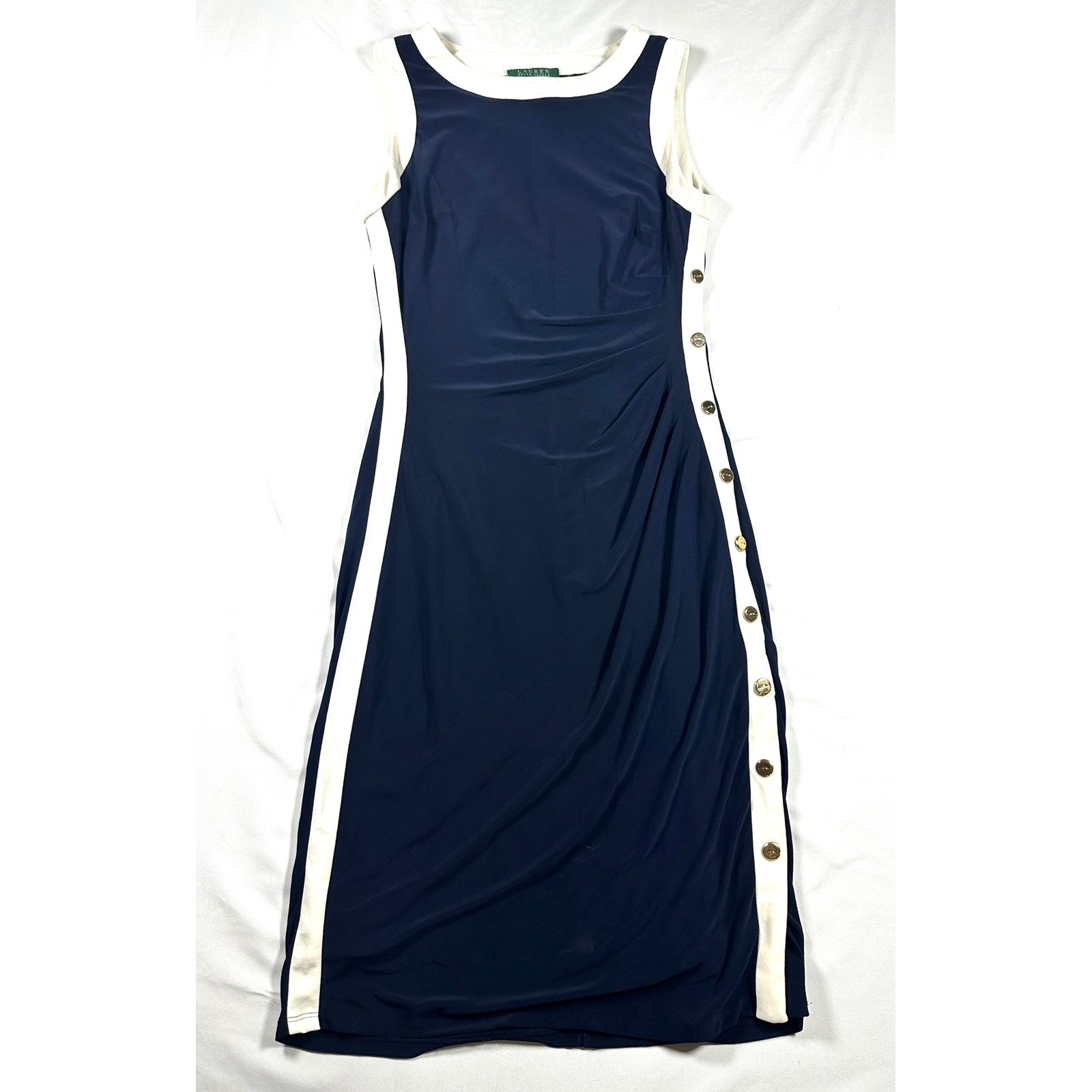 Ralph Lauren bodycon Navy Blue Cream Snap Button Side Slit Dress 6con